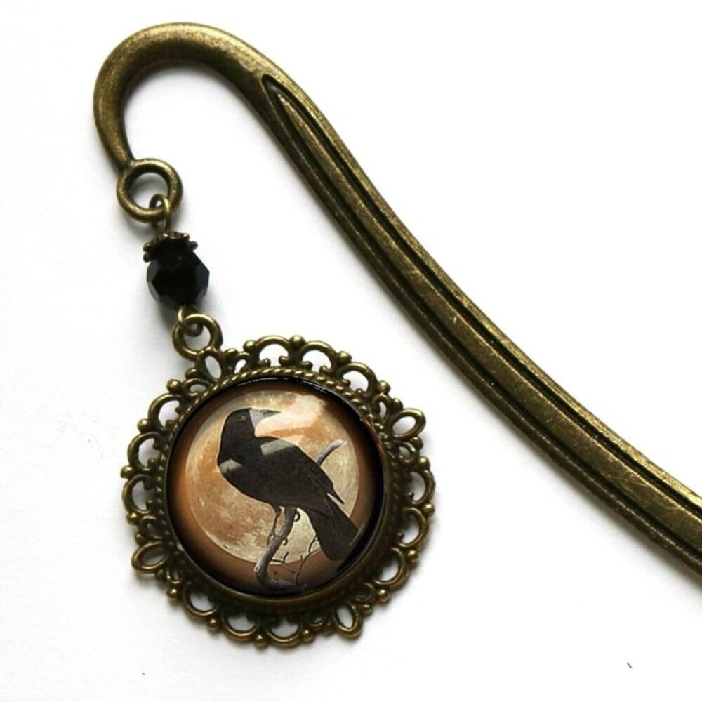 Orange Raven Bookmark - Ornate Bronze Gothic Crow Book Hook‎ - Vintage & Antique